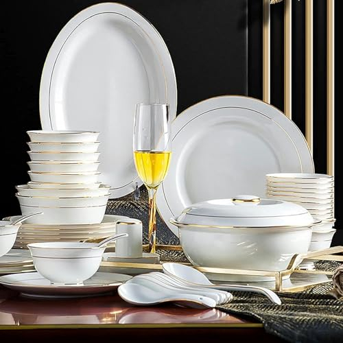 56 uds.? Servicio de cena, porcelana blanca Juego de vajilla de porcelana china de hueso Juego de vajilla con tazones de cereales Tazones Platos de postre Platos de sopa Platos de cena con borde dorad