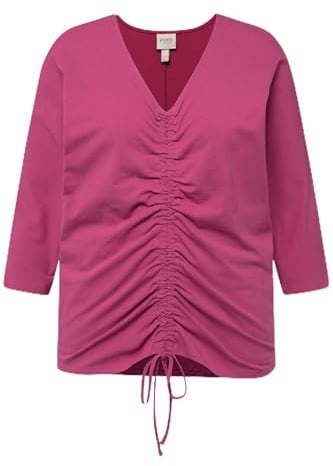 Ulla Popken Damen T-Shirt, Raffung, V-Ausschnitt, 3/4-arm, Biobaumwolle T-Shirt