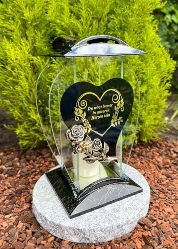 Lámpara de tumba hecha a mano con diseño de corazón, rosa y texto – 32 cm de altura – Luz para tumba decoración de tumba decoración de jardín incluye vela para tumba sin base