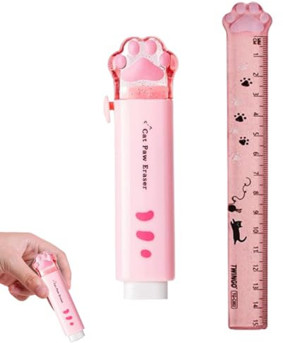 QOWIJEX 2 Teiliges Schreibwaren Set mit Niedlichen Katzenpfoten, Lineal 15cm, Cartoon Kawaii einziehbarer Radiergummi und Lineal Briefpapier-Set für Studenten(Rosa)
