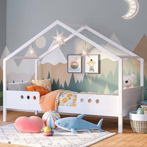 Bellabino Bela Kinderbett 90x200 cm – Hausbett mit Matratze, Rausfallschutz & Lattenrost – Kinder Bett für Jungen und Mädchen aus Massivholz Kiefer – Montessori Kinderhausbett in Weiß