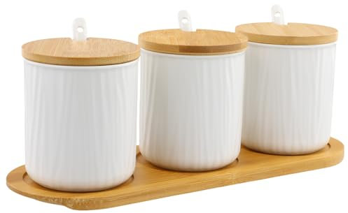 3 Pcs Zuccheriera in Ceramica, Contenitore per Spezie da 300ml con Cucchiaio e Coperchio in Legno, Vasetti da Condimento per Casa e Cucina, Adatta per Zucchero, Formaggio