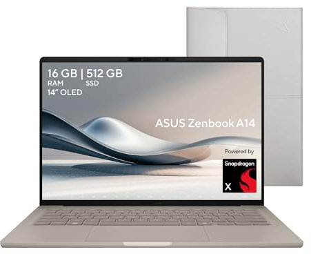 ASUS Laptop Zenbook A14/14 OLED/Snapdragon X X1 26 100/NPU fino a 45 TOPS/16GB RAM/512GB SSD/Fotocamera FHD con IR/Tastiera retroilluminata in spagnolo/custodia(Garanzia e servizio in Messico)