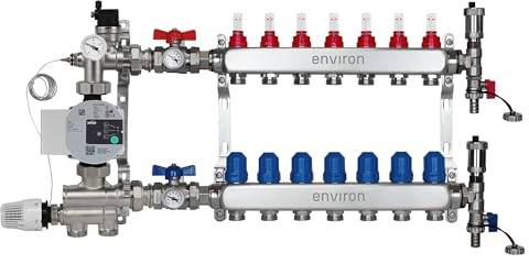 ENVIRON- Heizkreisverteiler [2-12 Heizkreise] mit Festwertregelset, Kugelhahn Set und Schnellentlüfter Set | Hocheffizienzpumpe (Wilo Para STG 25/8, 7 Heizkreise)
