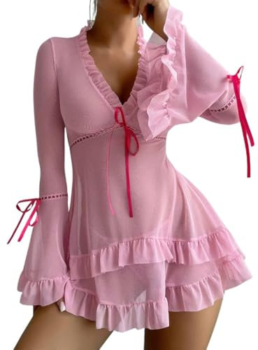 Rayson Femme Nuisette Transparente Volants Con String Chemise EE Nuit Col V Manches Longues Hot Lingerie Coquine Nuisettes Tenue Robe de Nuit Ensemble Lingerie Dentelle(Rose, Taille Unique)