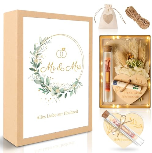 TUZELIYA Hochzeitsgeschenke für Brautpaar Geldgeschenk Hochzeit Geld Geschenkbox inkl. Ewige Blumen, Reagenzglas, Jutesäckchen, Lichterkette zur Hochzeitstag, Hochzeitsgeschenk Geld