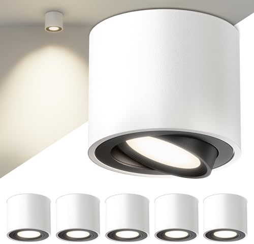 Scandinavian home LED Aufbauspot 6er Set inkl. LED Modul 230V Dimmbar, Warmweiß 3000K, 470lm, CRI 90+ I Deckenspots Aufputz Ø80x65mm I Spots Deckenleuchte Flach I Aufbaustrahler Weiß