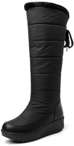 MiaZane Damen Winter Kniehohe Schneestiefel Gesteppt Wasserdicht Plateau Warm Gefüttert rutschfest Für Kaltes Wetter Outdoor Reise,Schwarz,40 EU