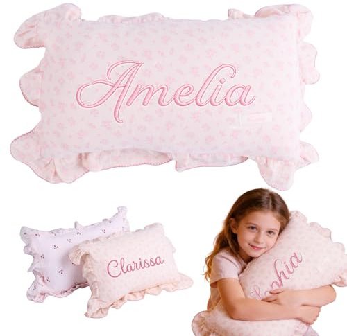 Personalized Embroidered Muslin Toddler Pillowcase with Name, Custom 100% Cotton Ruffle Edge Baby Pillows Cover, Monogram Soft Pillow Case 12x20 with Envelope Closure Gifts for Kids Boy Girls