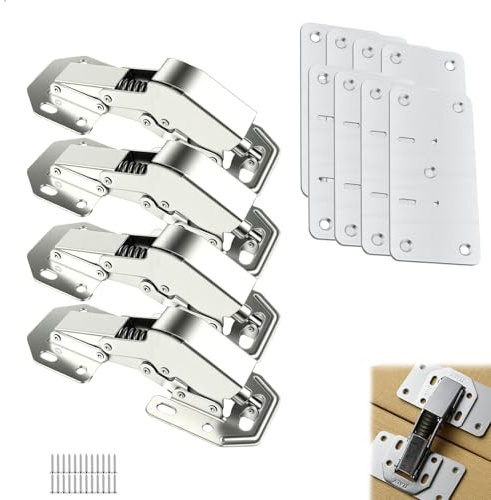 Bisagras Puertas Cocina, Bisagras Cierre Suave sin Taladrar, 4 Bisagra Cazoleta de Acero Inoxidable con 8 Placa Reparación Bisagra y Tornillos, Bisagra Puerta Cocina para Reparar Puertas Madera