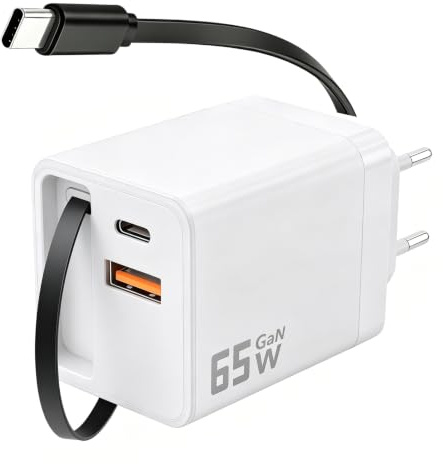 65W USB C Ladegerät à 3Port GaN Netzteil Schnellladegerät mit Einziehbarem Kabel Retractable Charger mit Magnetischem Kabelhalter für MacBook Pro/Air, iPhone 17-12, Samsung Galaxy S25/S24, iPad