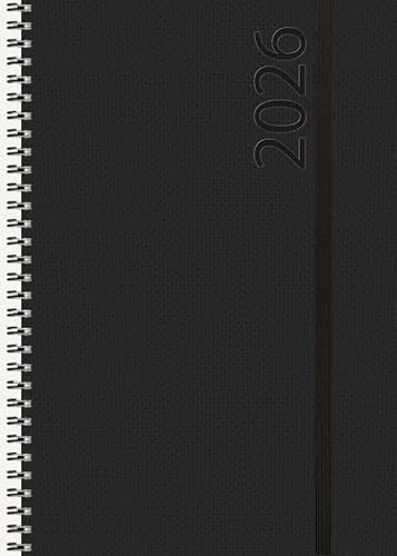 Buchkalender Wochentimer Spirale schwarz 2026: Terminplaner groß. DIN A5 Terminkalender Ringbuch mit Wochenkalender und Gummiband.