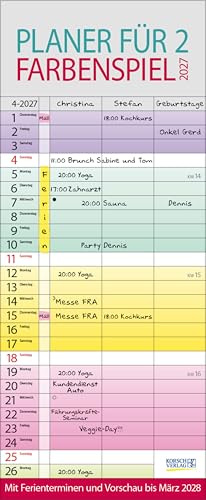 Farbenspiel - Planer für 2 2027: Familienplaner mit 3 breiten Spalten. Familienkalender mit farbigen Wochen, Ferienterminen, Vorschau bis März 2027.