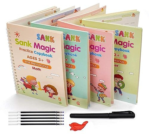 Sank Magic Practice Copybook, (4 Books + 10 REFILL+1 Pen +1 Grip) Number Tracing Book for Preschoolers with Pen, Magic Calligraphy Copybook Set Practical Reusable Writing Tool Simple Hand Lettering