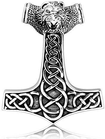WithLoveSilver Solid 925 Sterling Silver Viking Lion Head Amulet Hammer of Thor Mjolnir Pendant