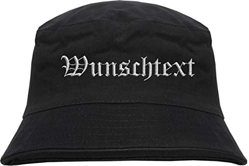 HB_Druck Fischerhut - Bucket Hat mit Wunschtext - Altdeutsch - Bestickt - S/M Stickfarbe: Weiss