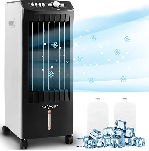oneConcept 65W Luftkühler mit Wasserkühlung, Switch, 3-in-1 Verdunstungskühler, Luftbefeuchter & Ventilator, Mobile Klimageräte Luftkühler 7L, Leiser Air Cooler mit Bodenrollen, 2 Kühlpacks, 360m³/h