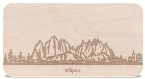 GRAVURZEILE Frühstücksbrettchen mit Gravur - Skyline Alpen - Holz Schneidebrett Vesperbrett Brotzeitbrett - Geschenk für Stadtverliebte - Ideal auch als Souvenir