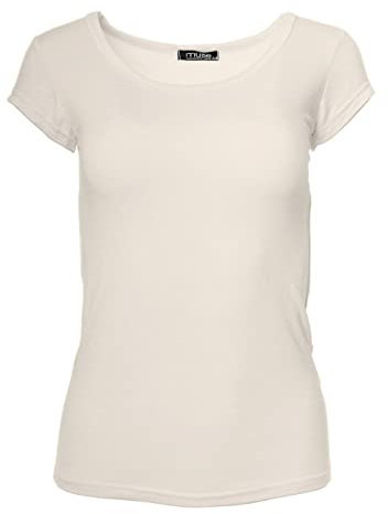 Easy Young Fashion - Damen Basic Rundhals T-Shirt - Kurzarm Unterziehshirt Skinny Fit 1001 - Creme M