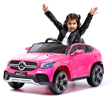 ATAA Coche eléctrico Infantil Mercedes GLC Coupé 12V con Licencia Oficial – Mando para Padres, Asiento Acolchado, Luces LED, música, USB y Puertas abatibles (Rosa)
