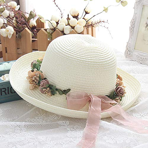Sonnenhut Strohhut Hut Damen Mode Weiblich Lässig Stroh Klassische Hut Hüte Kappen Frauen Falten Blumen Strand Sonne Hüte-Milch_Weiß_Größe (56-_58Cm)