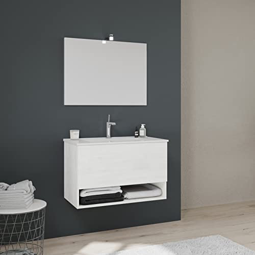 Kiamami Valentina Mobile sospeso per bagno cassetto+vano bianco effetto legno | Venezia