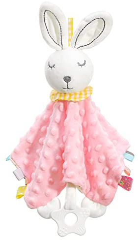 Zooawa Loveys for Babies, Security Blanket Soft Stuffed Animal Bunny Lovey Unisex Lovie Baby Stuff Snuggle Blanket with Tags Teether Bells, Soothing Plush Toys Baby Gift for Newborn, Pink Rabbit