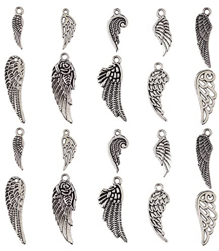 Airssory 100 Stück 10 Stile Vintage Feder Engel Feenflügel Charms Anhänger zum Basteln von Armbändern Halskette Schmuck Fundstücken Zubehör – 17 x 5 x 1 mm
