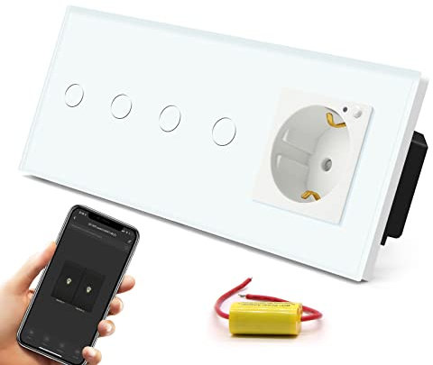 BSEED Schuko WLAN Steckdose mit Single Live Wifi Touch Schalter Wandsteckdose Unterputz Senkrecht aus Glas mit Doppelt Smart Alexa Lichtschalter(Kein Neutralleiter Erforderlich) 2 Fach 1 Weg Weiß