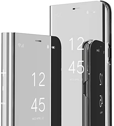 IMEIKONST Flip Mirror for iPhone 14 Pro Case Silver QH | Full Body Military Drop Protection, Makeup Clear View Window, PU Leather + TPU Bumper Shockproof Cover, Stand Function