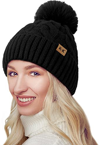 BLURBE Wintermützen für Damen – Warme Strickmütze mit Bommel, Fleecefutter, Thermo-Beanie-Mützen, weiche Ski-Manschettenmütze für Damen mit Bommel