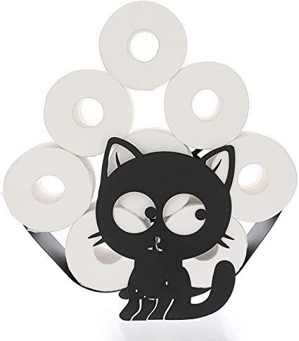 BTSKY Soporte de rollo de papel higiénico de metal, soporte estilo animal negro, contenedor de almacenamiento independiente y de montaje en pared para baño
