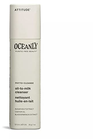 ATTITUDE Oceanly Oil-to-Milk Face Cleanser Stick, EWG Verified, Plastic-free, Plant and Mineral-Based Ingredients, Vegan Skin Care Products, PHYTO CLEANSE, Unscented, 30 grams