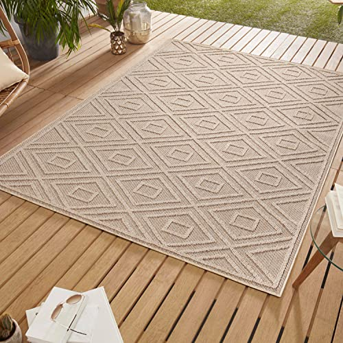 SIMPEX Outdoor Teppich, Rauten Design, Beige, 80 x 150 cm, Skandinavischer Stil, für Küche, Balkon, Terrasse, Garten, Picknick