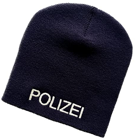 Schnoschi Dunkelblaue Strickmütze (Beanie Mütze) mit Polizei Bestickt für Herren, Damen, Jugendliche und Kinder