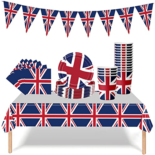 Union Jack Party Tableware Kit,1P VJ Day Tablecloth 20P Paper Napkins and 16P VJ Day Plates and Cups for VJDay 80th Anniversary Party,UK Flag Dinnerware for Celebrate 80 Years Victory Table Decor