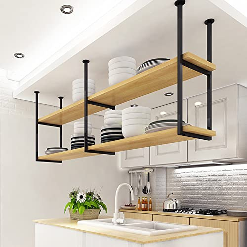 KEPMOGOH Industrie Deckenregal Hängeregal, 2-lagiges Deckenmontage Lagerregal Schwebendes, Hängendes Metall Weinregal, für Restaurant, Bar, Cafe, Küche (140×30×60cm)