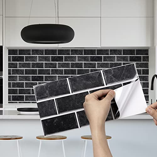 Fantasnight 12Pz Nero Adesivi Piastrelle per Cucina e Bagno, Adesivo Mobili, Decorazione Murale in PET Impermeabile Mattonelle Mosaico Stile 30×15cm