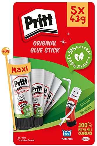 Pritt Glue Stick, (Pack of 5 x 43g) Safe & Child-Friendly Craft Glue for Arts & Crafts Activities, Strong-Hold adhesive for School & Office Supplies, Pritt Stick