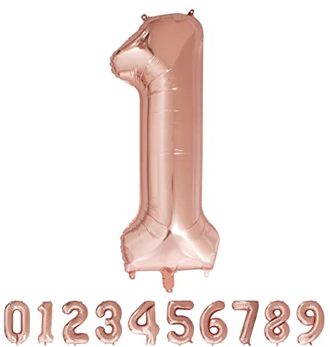 BALLON CHIFFRE 1 OR ROSE 101 CM I Idéal pour décoration fêtes et anniversaires I Avec accessoire pour gonfler I Air et Hélium.