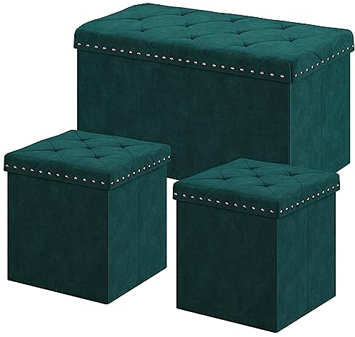 YITAHOME Sitzbank mit Stauraum Faltbare 76x38x40cm+38x38x40cmx2 in Samt grüner - Sitzwürfel mit Stauraum und Deckel mit Samtbezug - Sitzcube Fußablage klappbare Aufbewahrungsbox Truhe Hocker