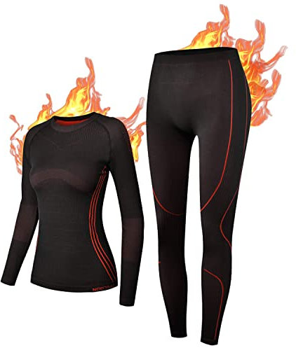 NOOYME Thermounterwäsche Damen Funktionsunterwäsche Damen Warm & Atmungsaktiv Funktionswäsche Damen Thermo Unterwäsche Dame Skiunterwäsche Damen, Schwarz-rot XS