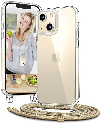 Vaykwo Handykette mit Band für Apple iPhone 13 Mini Hülle - Necklace Handyhülle - Transparente Case zum Umhängen mit Kameraschutz und Bildschirmschutz - Golden