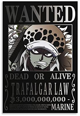 Anime One Piece Wanted Poster Trafalgar D Water Law Poster, Kunstdruck, Wandfoto, Malposter zum Aufhängen, Familiendekoration, 20 x 30 cm