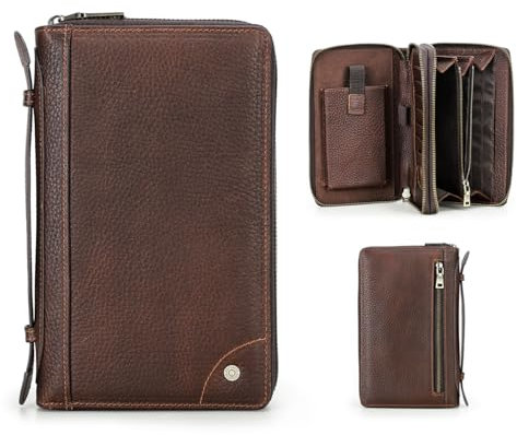 CONTACTS Pochette da viaggio in pelle da uomo portafoglio 2 cerniere grande capacità passaporto frizione organizer biglietti da visita borsa a mano con tracolla