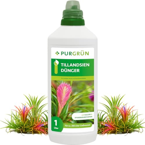 Purgrün® Tillandsien-Dünger 1 Liter – Leuchtende Blattfärbung durch Spurennährstoffe – Extra Kalium reduziert Trockenstress – Konzentrat für ca 600 Liter Düngerlösung – Premium-Flüssigdünger