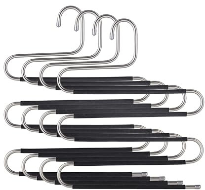 Baroni Home Set di 4 Pezzi Grucce ad S Multiuso con 5 Livelli in Acciaio Inox e Materiale Antiscivolo, Appendini Multipli Salvaspazio per Pantaloni, Sciarpe, Cravatte, Asciugamani, 32 cm