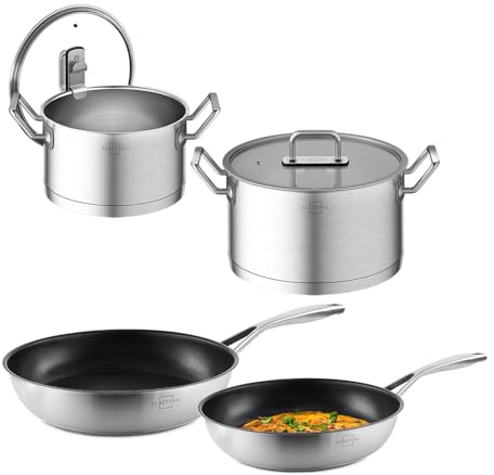 SILBERTHAL Pfannen- und Topf Set Induktion - Edelstahl - 4 teilig - Kochtopf 3,5l & 5l und Pfannen 24 & 28 cm - für alle Herdarten - Spülmaschinenfest