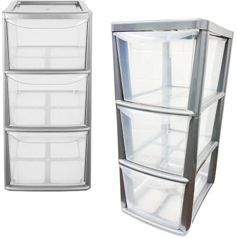 Medium Silver Modular 3 Drawer Storage Tower Unit For Home Office Schools With Clear Drawers (1)