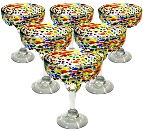 Novedades Cari Mexican Hand Blown Glass - Set of 4 Hand Blown Margarita Glasses - Cobalt Blue Rim (16 oz) (Confetti), VS003